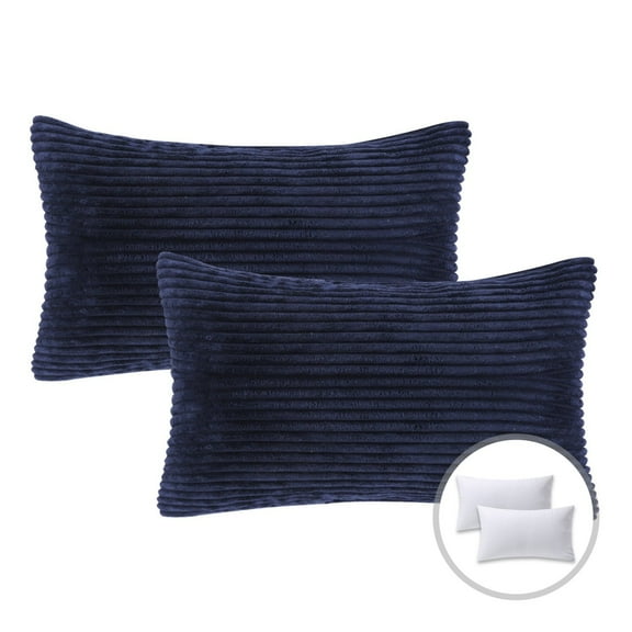 Phantoscope Christmas holiday Decorative Throw Pillow Set, Corduroy Striped Velvet Series Covers with inserts, 12" x 20", Navy, 2 Pack