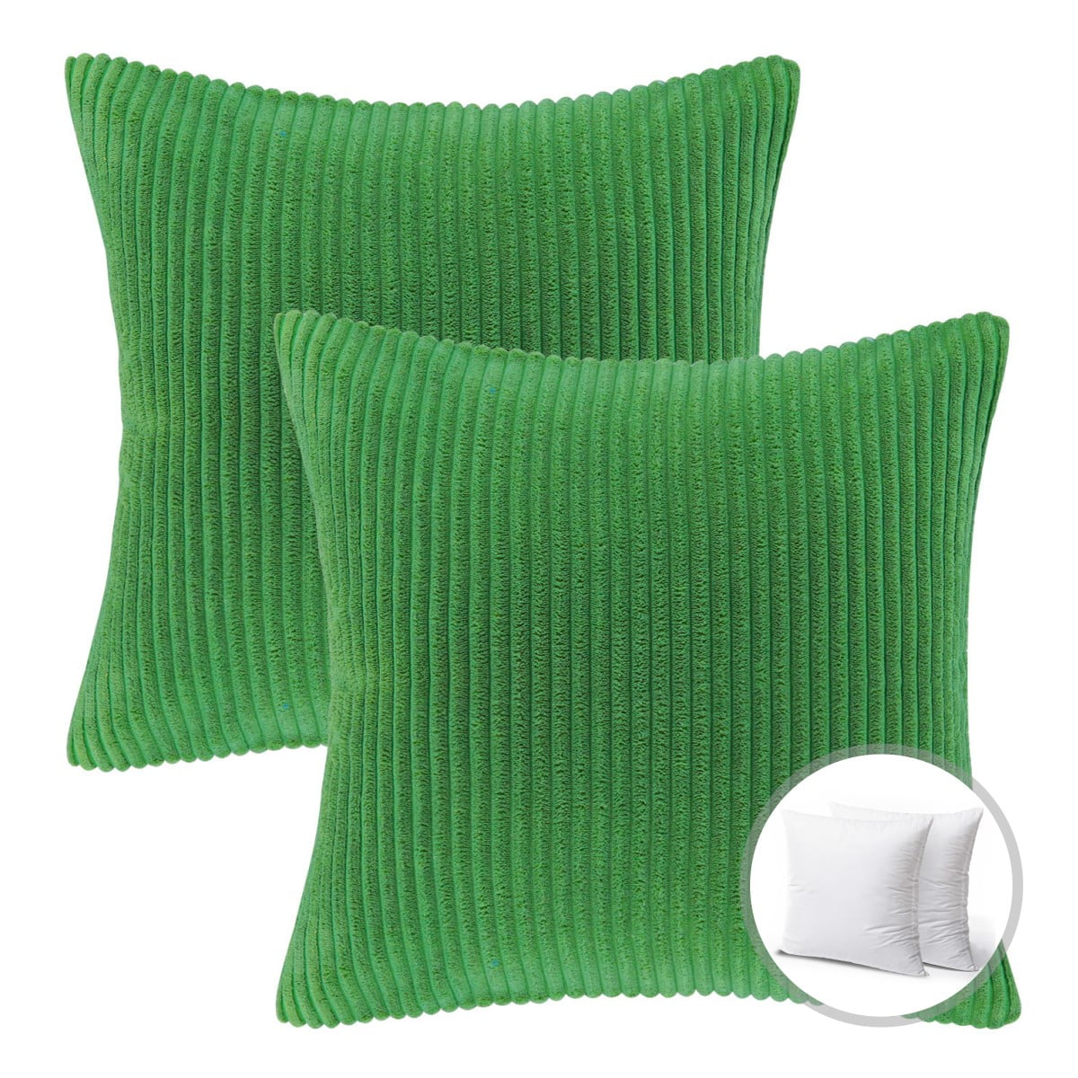 Phantoscope Christmas holiday Decorative Throw Pillow Set, Corduroy Striped Velvet Series Covers with inserts, 18" x 18", Light Green, 2 Pack