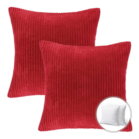 Phantoscope Christmas holiday Decorative Throw Pillow Set, Corduroy Striped Velvet Series Covers with inserts, 18" x 18", Red, 2 Pack