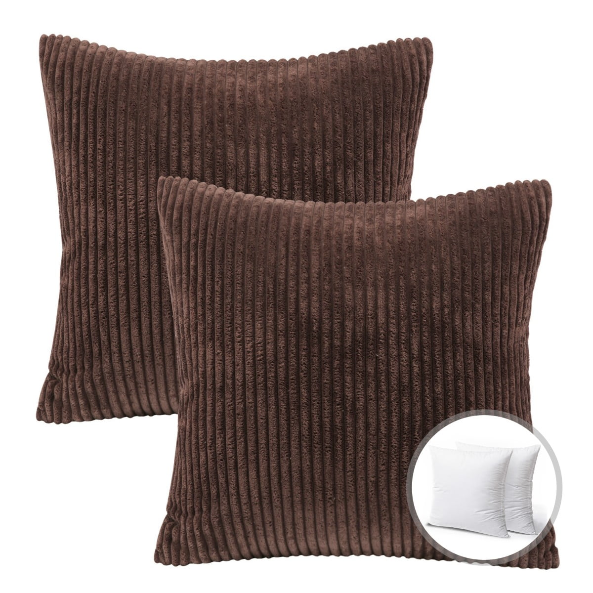 Phantoscope Christmas holiday Decorative Throw Pillow Set, Corduroy Striped Velvet Series Covers with inserts, 22" x 22", Dark Coffee, 2 Pack