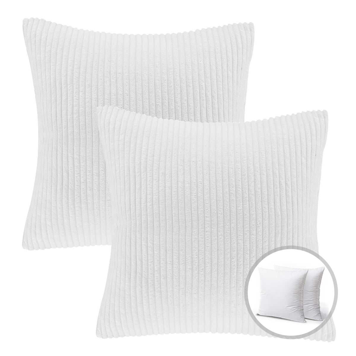 Phantoscope Christmas holiday Decorative Throw Pillow Set, Corduroy Striped Velvet Series Covers with inserts, 22" x 22", White, 2 Pack