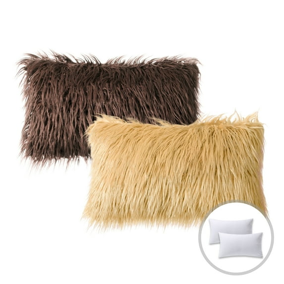 Phantoscope Christmas holiday Decorative Throw Pillow Set, Faux Fur Series Covers with inserts, 12" x 20", Dark Coffee and Orange, 2 Pack