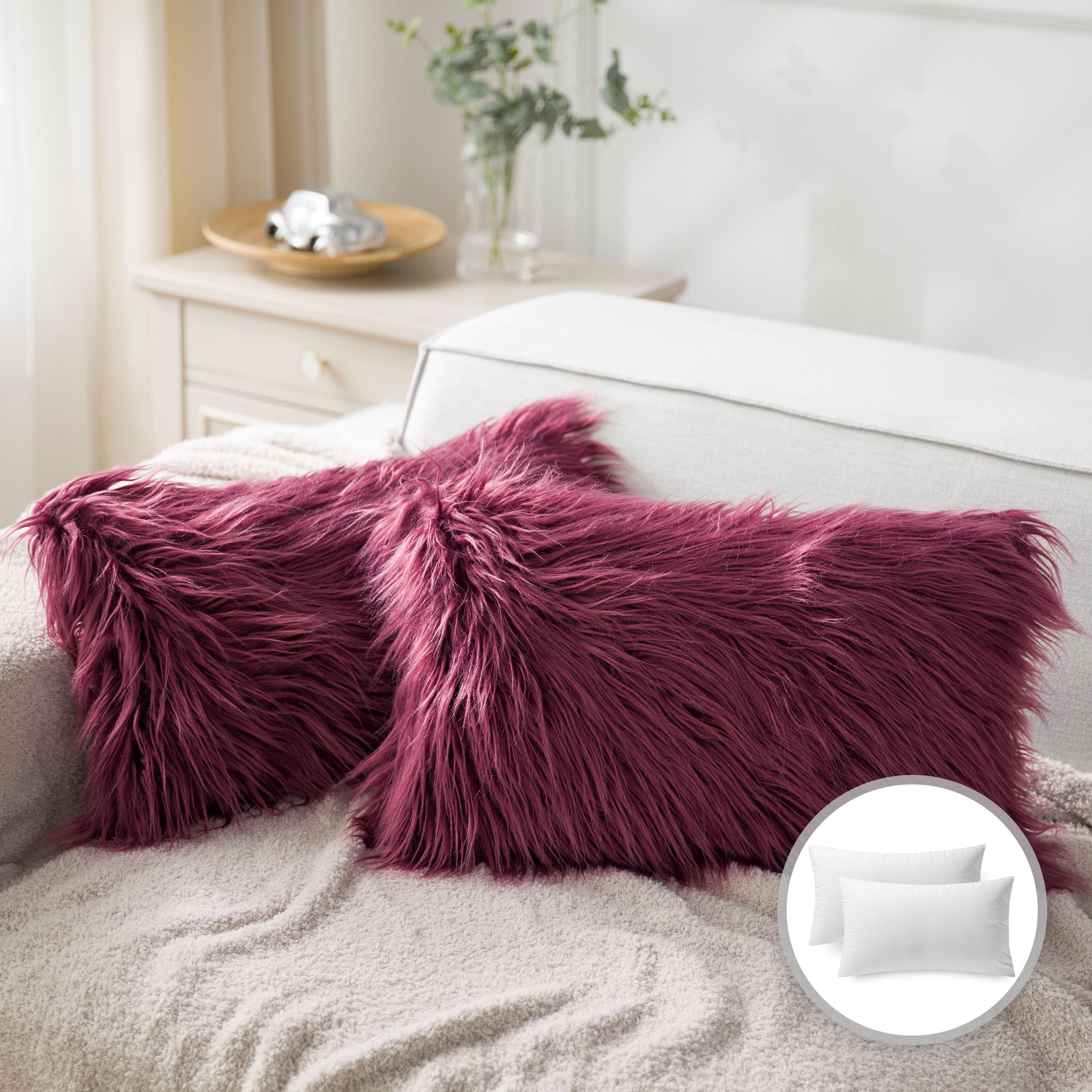 Phantoscope Christmas holiday Decorative Throw Pillow Set, Faux Fur Series Covers with inserts, 12" x 20", Dark Purple, 2 Pack