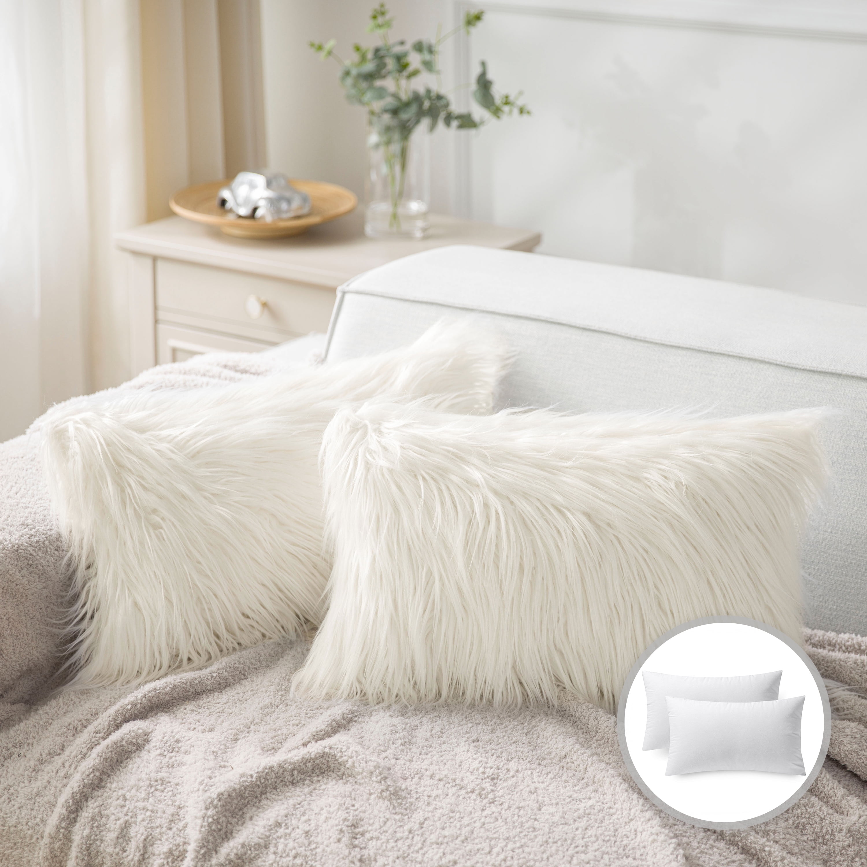 Phantoscope Christmas holiday Decorative Throw Pillow Set, Faux Fur Series Covers with inserts, 12" x 20", Off White, 2 Pack