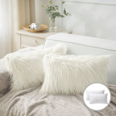 Phantoscope Christmas holiday Decorative Throw Pillow Set, Faux Fur Series Covers with inserts, 12" x 20", Off White, 2 Pack