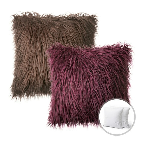 Phantoscope Christmas holiday Decorative Throw Pillow Set, Faux Fur Series Covers with inserts, 20" x 20", Dark Coffee and Dark Purple, 2 Pack