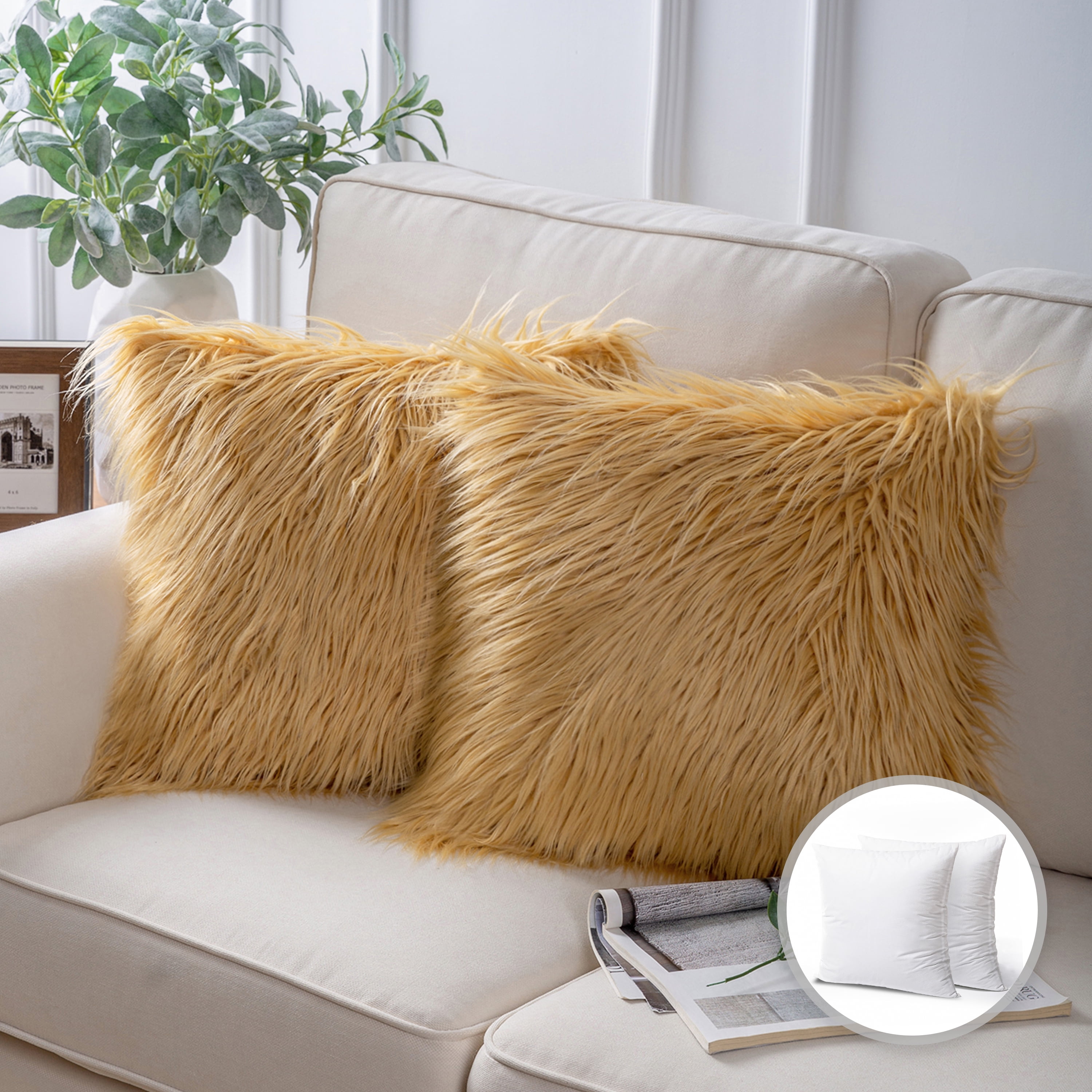 Phantoscope Christmas holiday Decorative Throw Pillow Set, Faux Fur Series Covers with inserts, 22" x 22", Ginger, 2 Pack