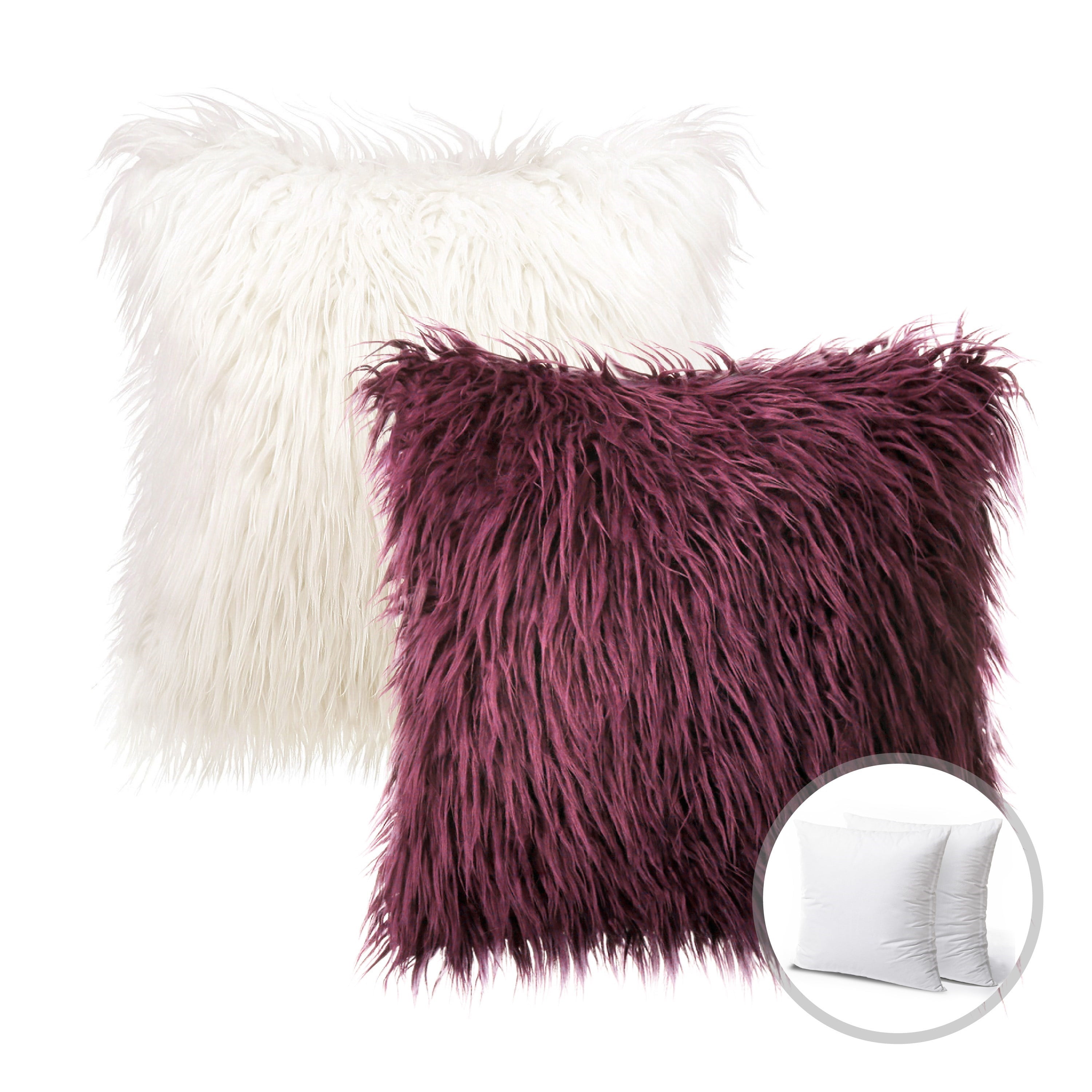 Phantoscope Christmas holiday Decorative Throw Pillow Set, Faux Fur Series Covers with inserts, 22" x 22", Off White and Dark Purple, 2 Pack