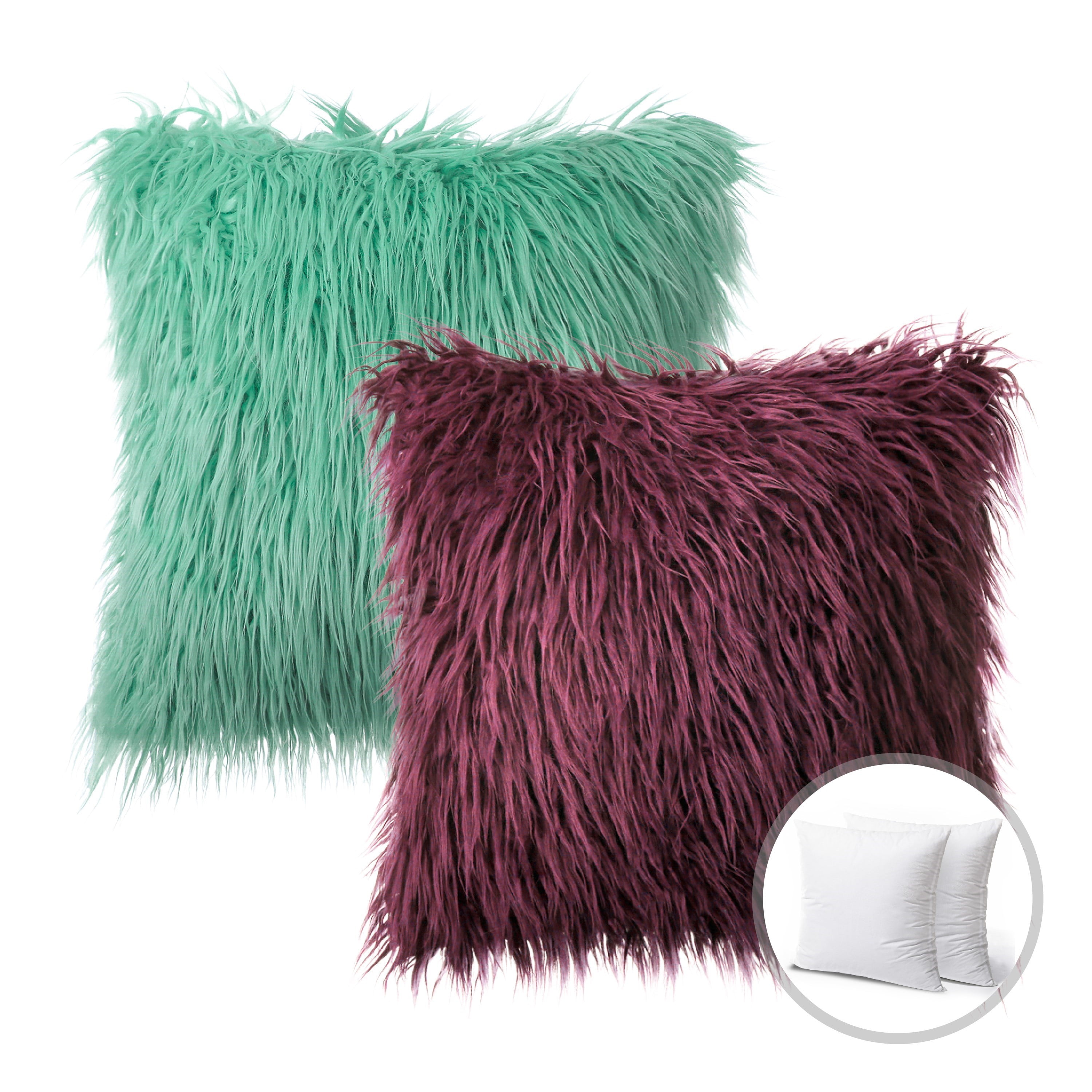 Phantoscope Christmas holiday Decorative Throw Pillow Set, Faux Fur Series Covers with inserts, 22" x 22", Turquoise and Dark Purple, 2 Pack