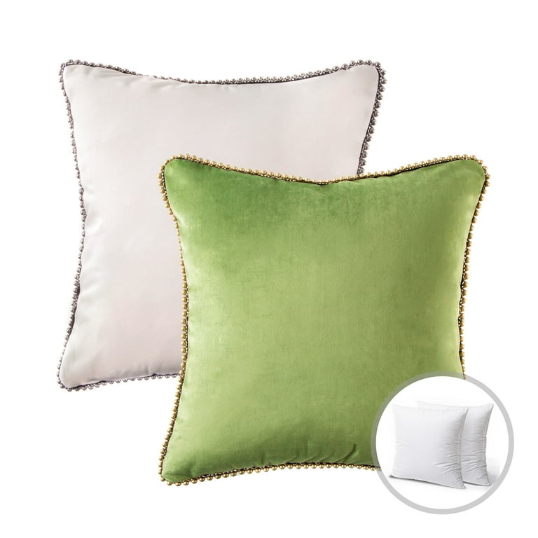 Phantoscope Christmas holiday Decorative Throw Pillow Set, Particles  Trimmed Velvet Series Covers with inserts, 18 x 18, Green and Off White,  2 Pack