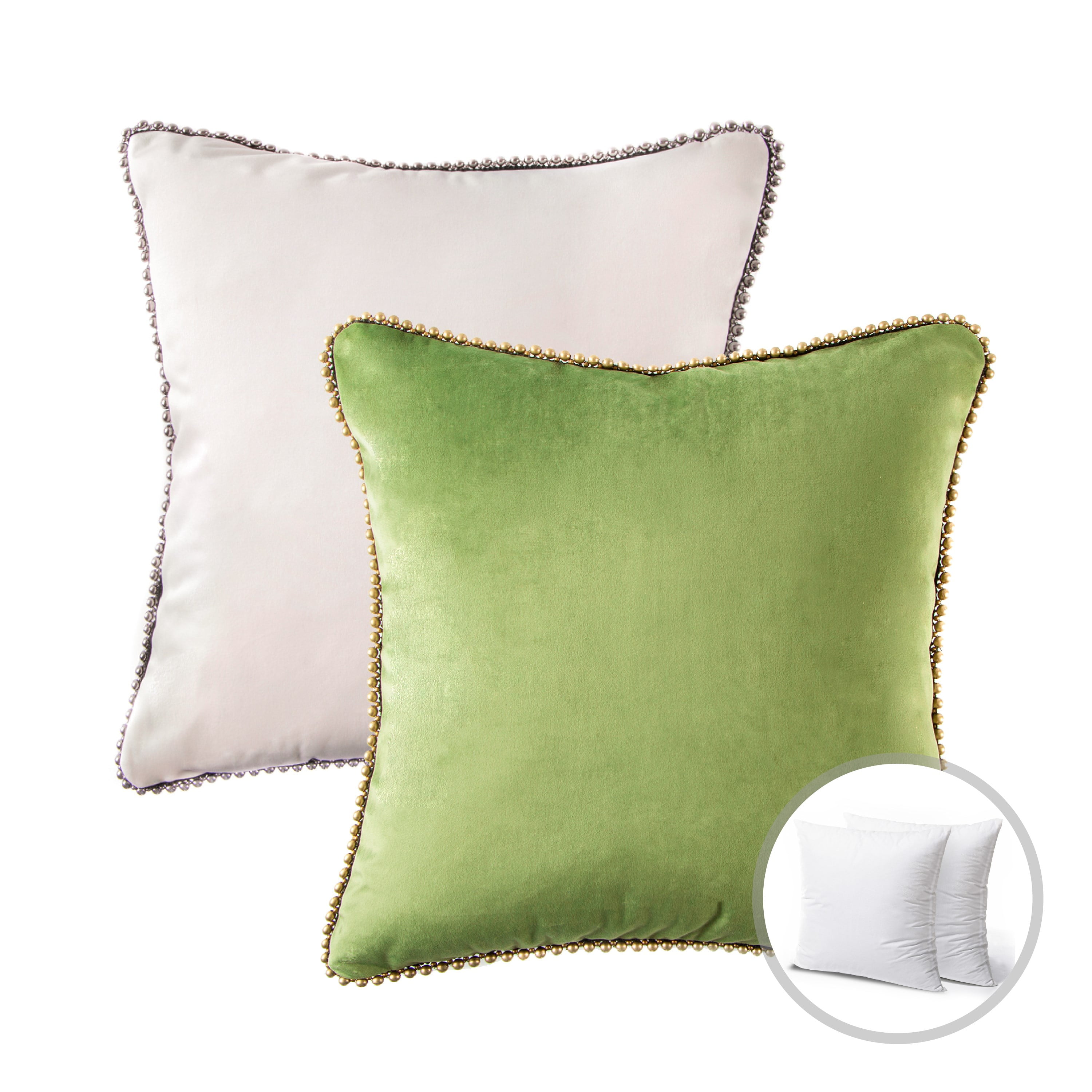 Phantoscope Christmas holiday Decorative Throw Pillow Set, Particles Trimmed Velvet Series Covers with inserts, 18" x 18", Green and Off White, 2 Pack