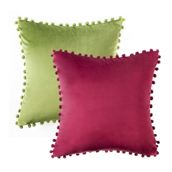 Phantoscope Christmas Decorative Throw Pillow Set, Pom Pom Velvet Series Covers, 20" x 20", Red and Green, 2 Pack