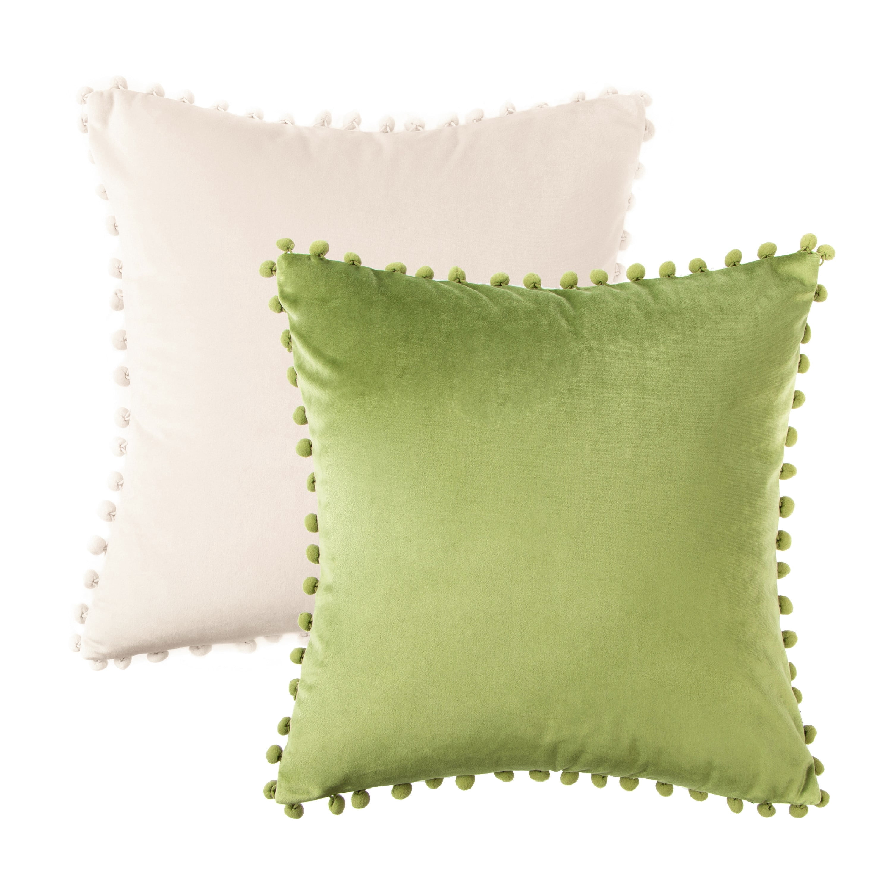 Phantoscope Christmas Decorative Throw Pillow Set, Pom Pom Velvet Series Covers, 22" x 22", Green and Off White, 2 Pack