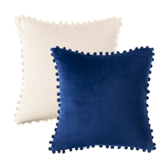 Phantoscope Christmas Decorative Throw Pillow Set, Pom Pom Velvet Series Covers, 22" x 22", Navy and Off White, 2 Pack