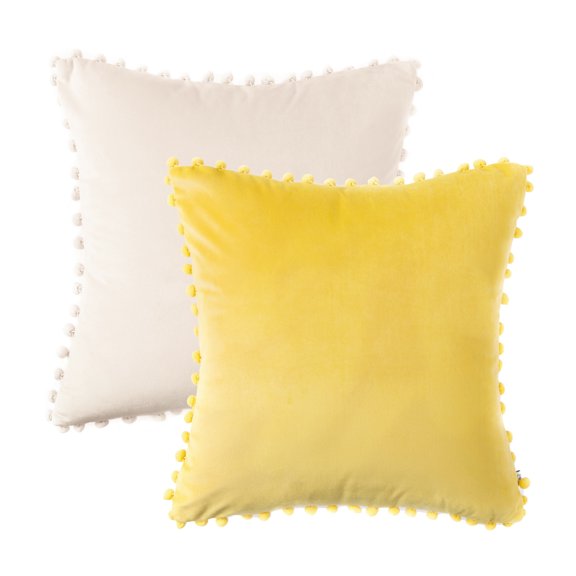 Phantoscope Christmas Decorative Throw Pillow Set, Pom Pom Velvet Series Covers, 22" x 22", Yellow and Off White, 2 Pack