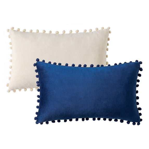 Phantoscope Christmas Decorative Throw Pillow Set, Pom Pom Velvet Series Covers, 12" x 20", Navy and Off White, 2 Pack