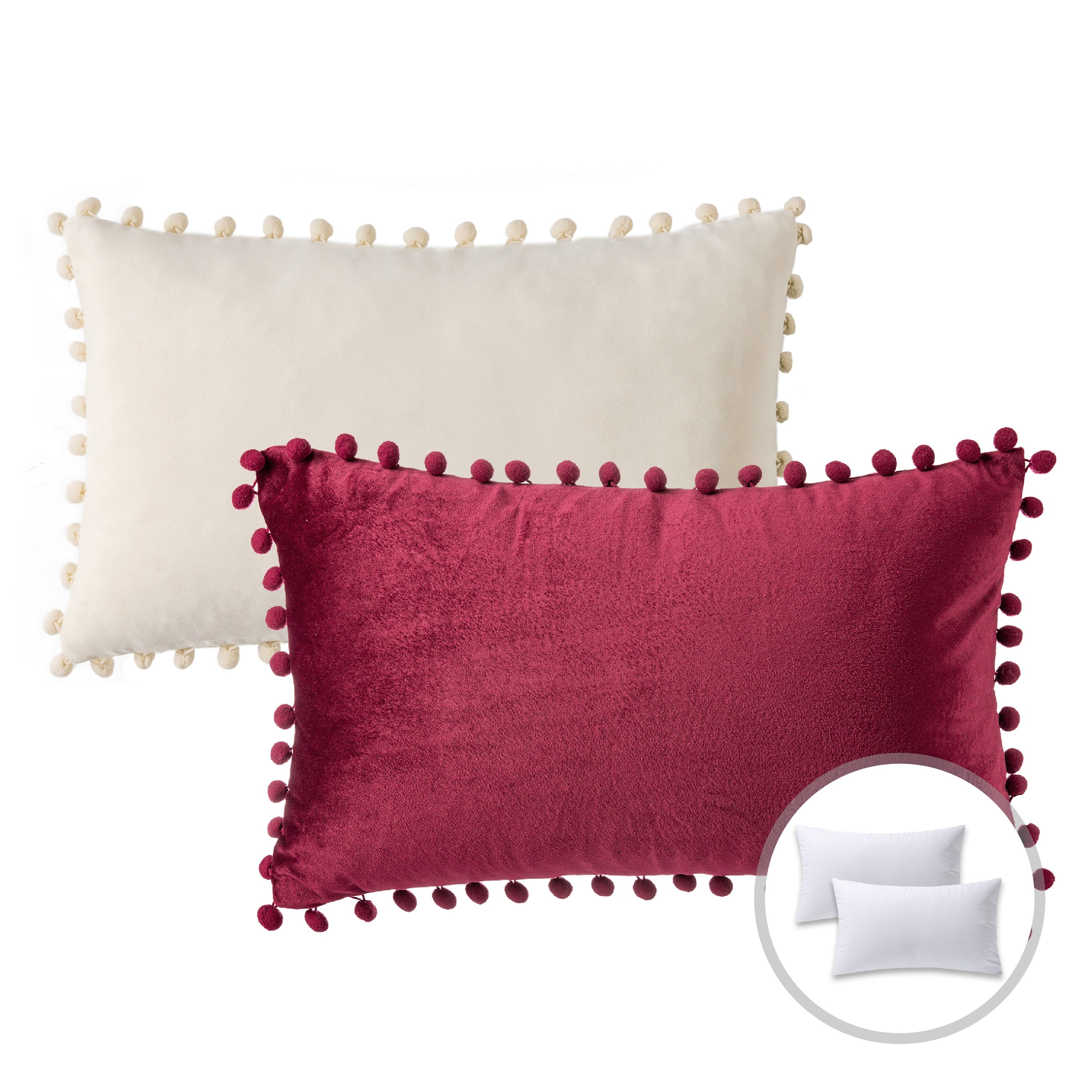 Phantoscope Christmas holiday Decorative Throw Pillow with insert, Pom Pom  Velvet Series, 12 x 20, Red, 1 Pack