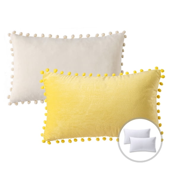 Phantoscope Christmas holiday Decorative Throw Pillow Set, Pom Pom Velvet Series Covers with inserts, 12" x 20", Yellow and Off White, 2 Pack