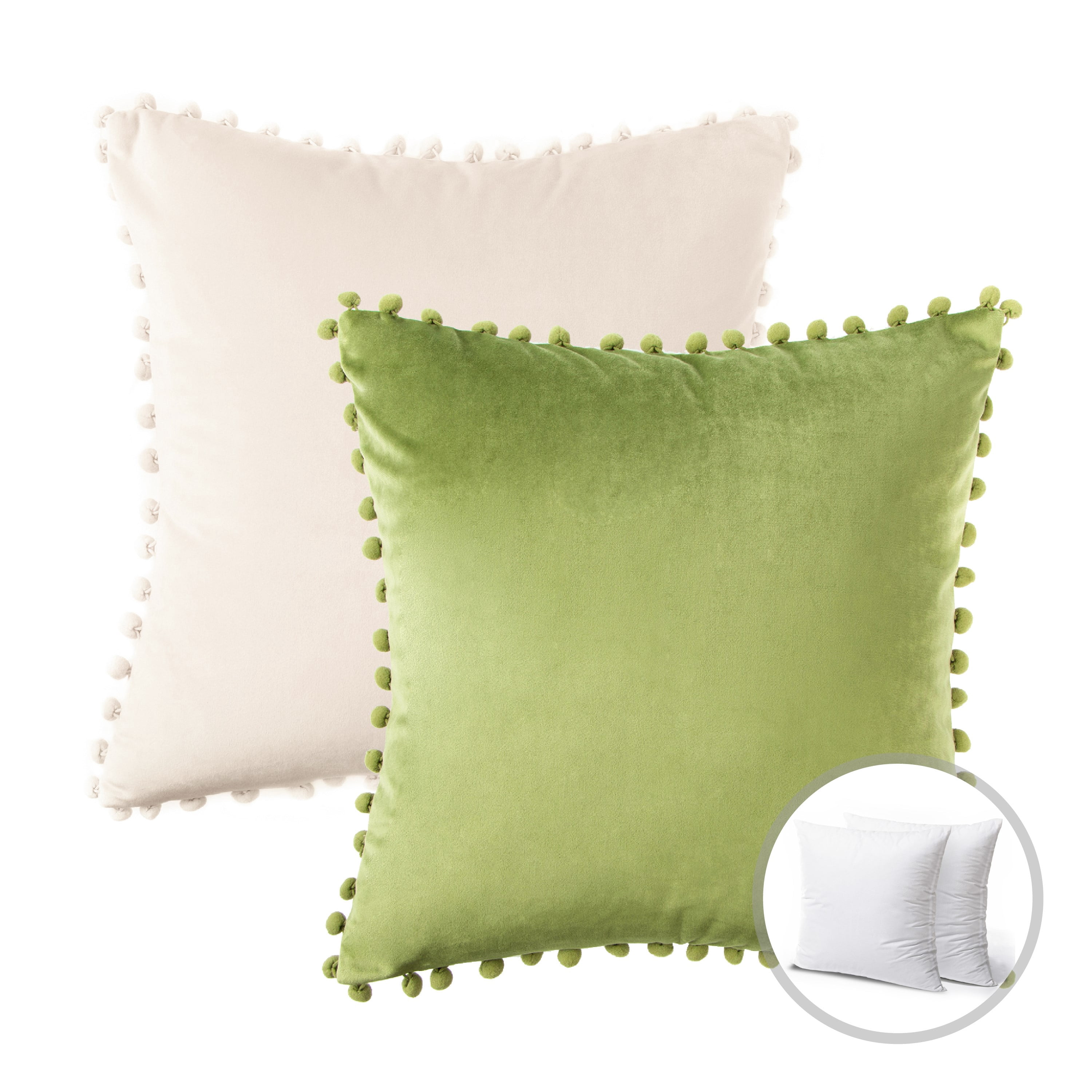 Phantoscope Christmas holiday Decorative Throw Pillow Set, Pom Pom Velvet Series Covers with inserts, 18" x 18", Green and Off White, 2 Pack