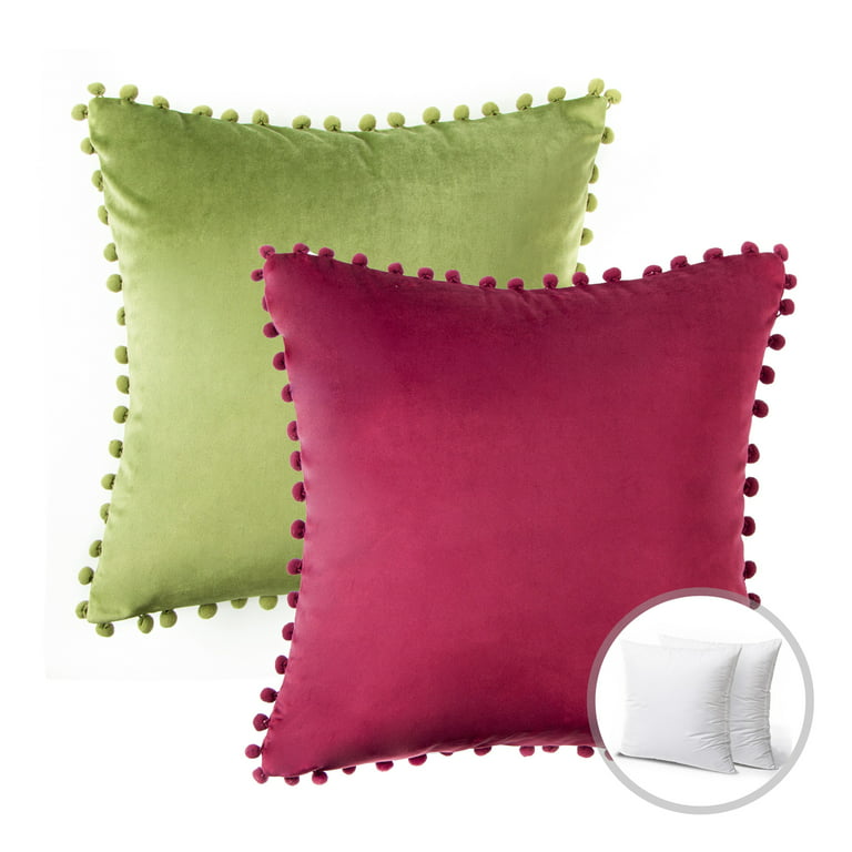 Phantoscope Christmas holiday Decorative Throw Pillow Set, Particles  Trimmed Velvet Series Covers with inserts, 18 x 18, Green and Off White,  2 Pack
