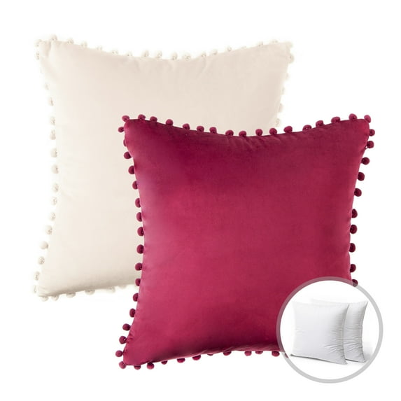 Phantoscope Christmas holiday Decorative Throw Pillow Set, Pom Pom Velvet Series Covers with inserts, 20" x 20", Red and Off White, 2 Pack