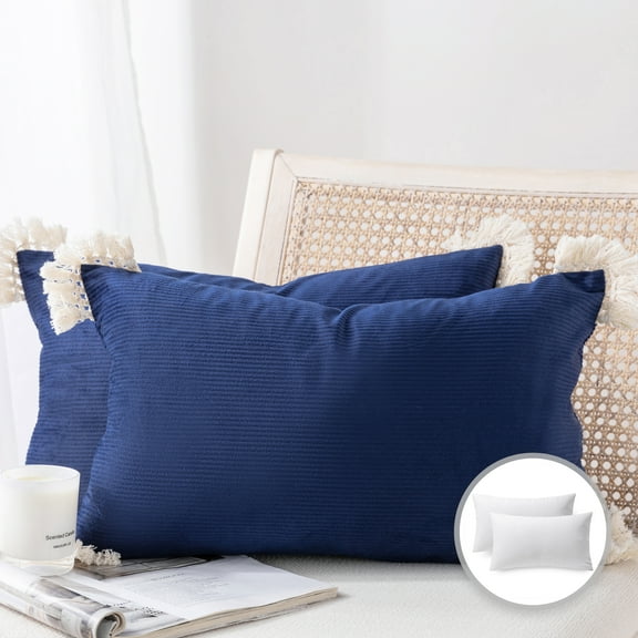 Phantoscope Christmas holiday Decorative Throw Pillow Set, Soft Corduroy Velvet with Cotton Tassel Series Covers with inserts, 12" x 20", Navy, 2 Pack