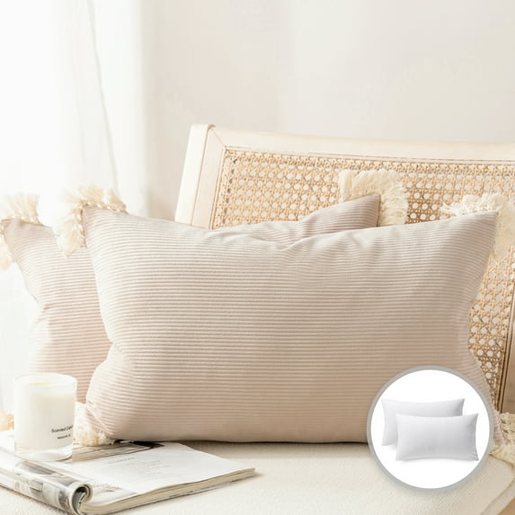 Phantoscope Christmas holiday Decorative Throw Pillow Set, Soft Corduroy Velvet with Cotton Tassel Series Covers with inserts, 12" x 20", Off White, 2 Pack