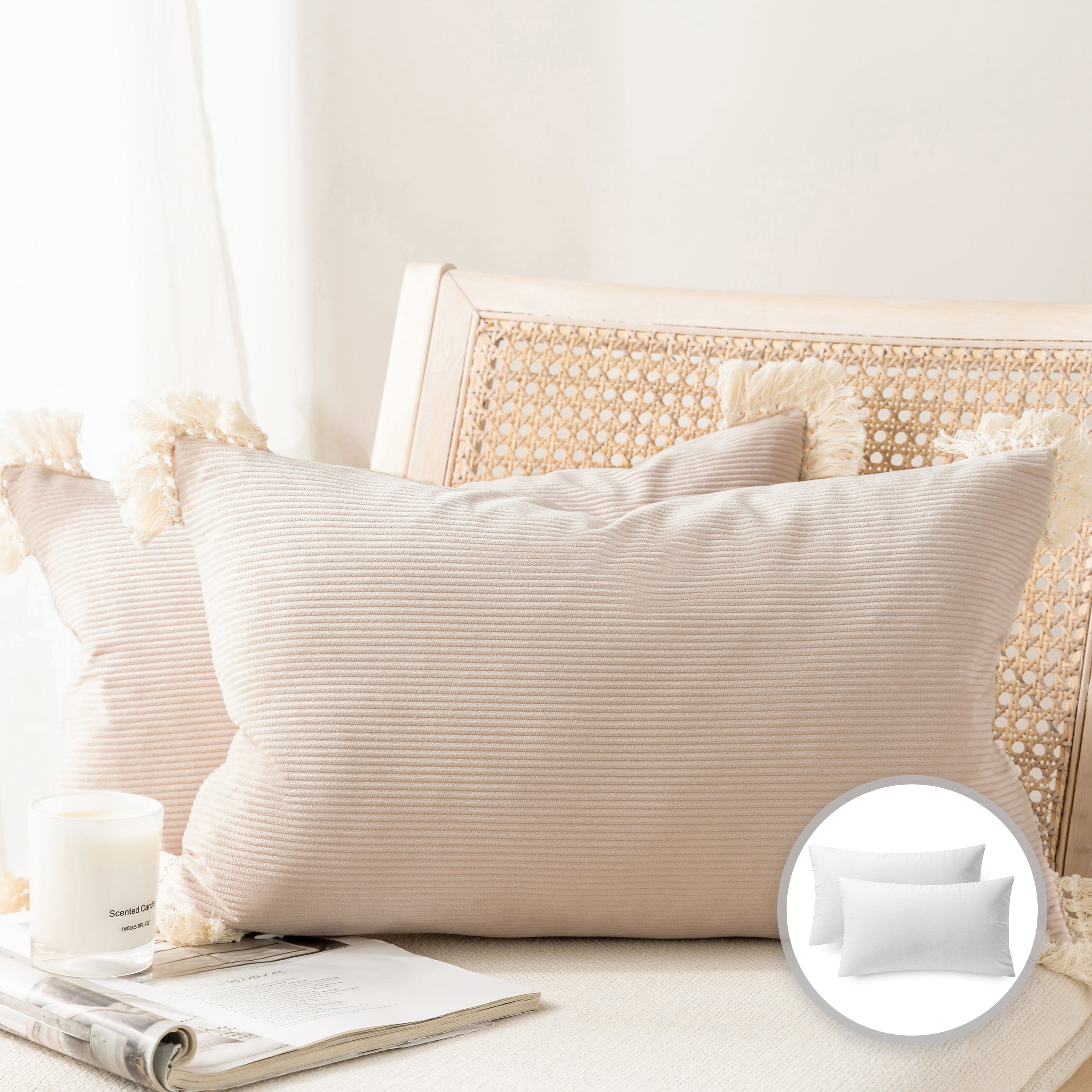 Phantoscope Christmas holiday Decorative Throw Pillow Set, Soft Corduroy Velvet with Cotton Tassel Series Covers with inserts, 12" x 20", Off White, 2 Pack