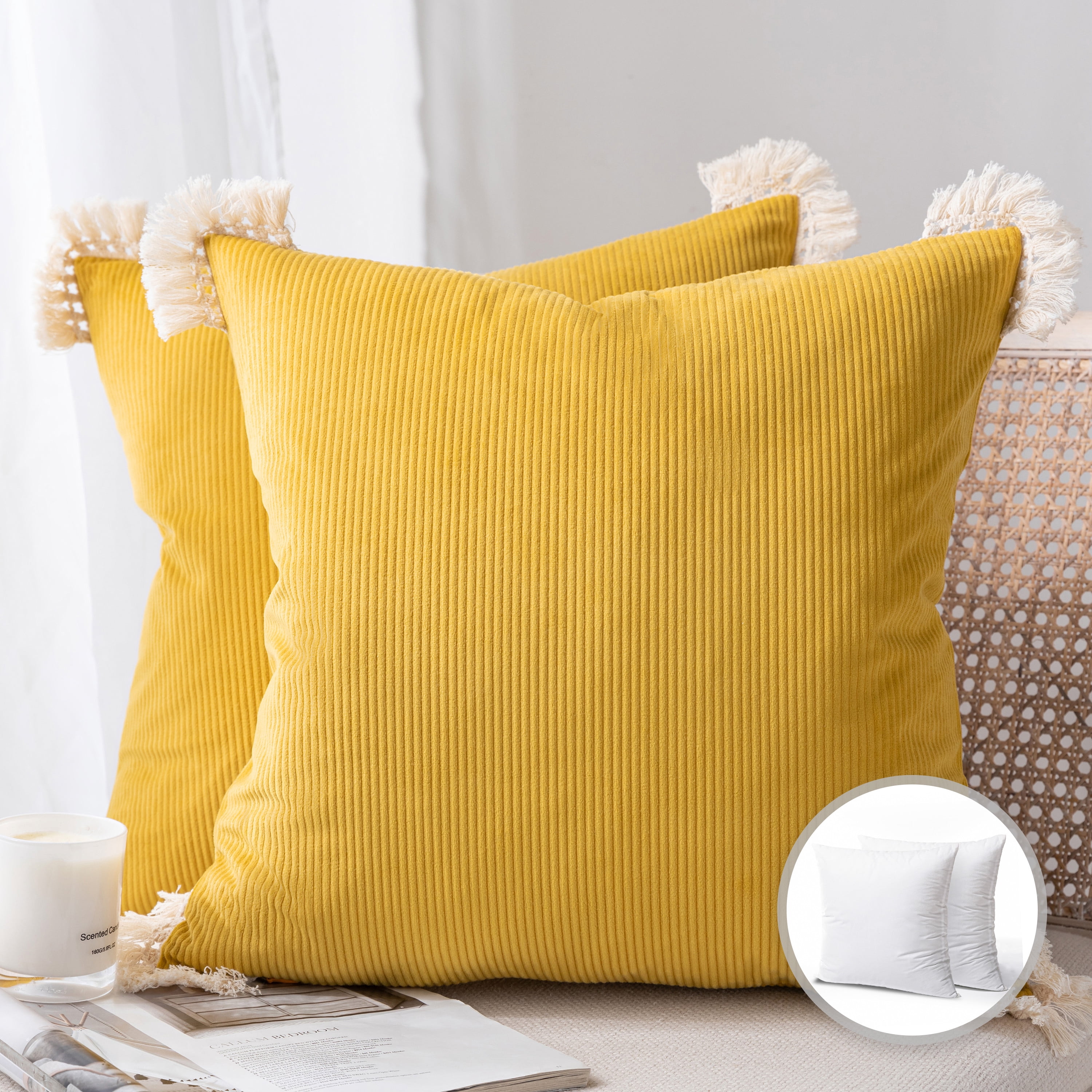 Phantoscope Christmas holiday Decorative Throw Pillow Set, Soft Corduroy Velvet with Cotton Tassel Series Covers with inserts, 18" x 18", Yellow, 2 Pack