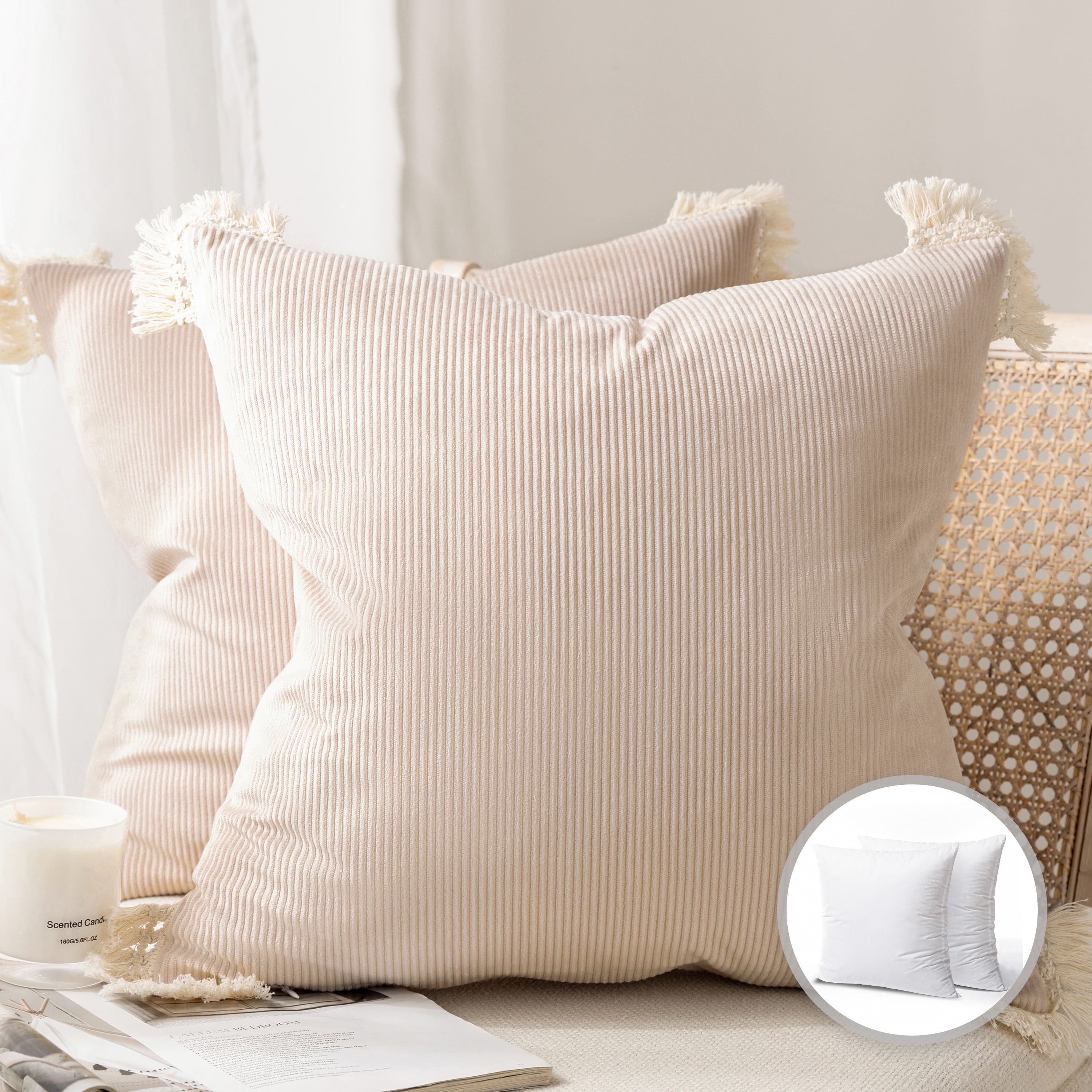 Phantoscope Christmas holiday Decorative Throw Pillow Set, Soft Corduroy Velvet with Cotton Tassel Series Covers with inserts, 20" x 20", Off White, 2 Pack