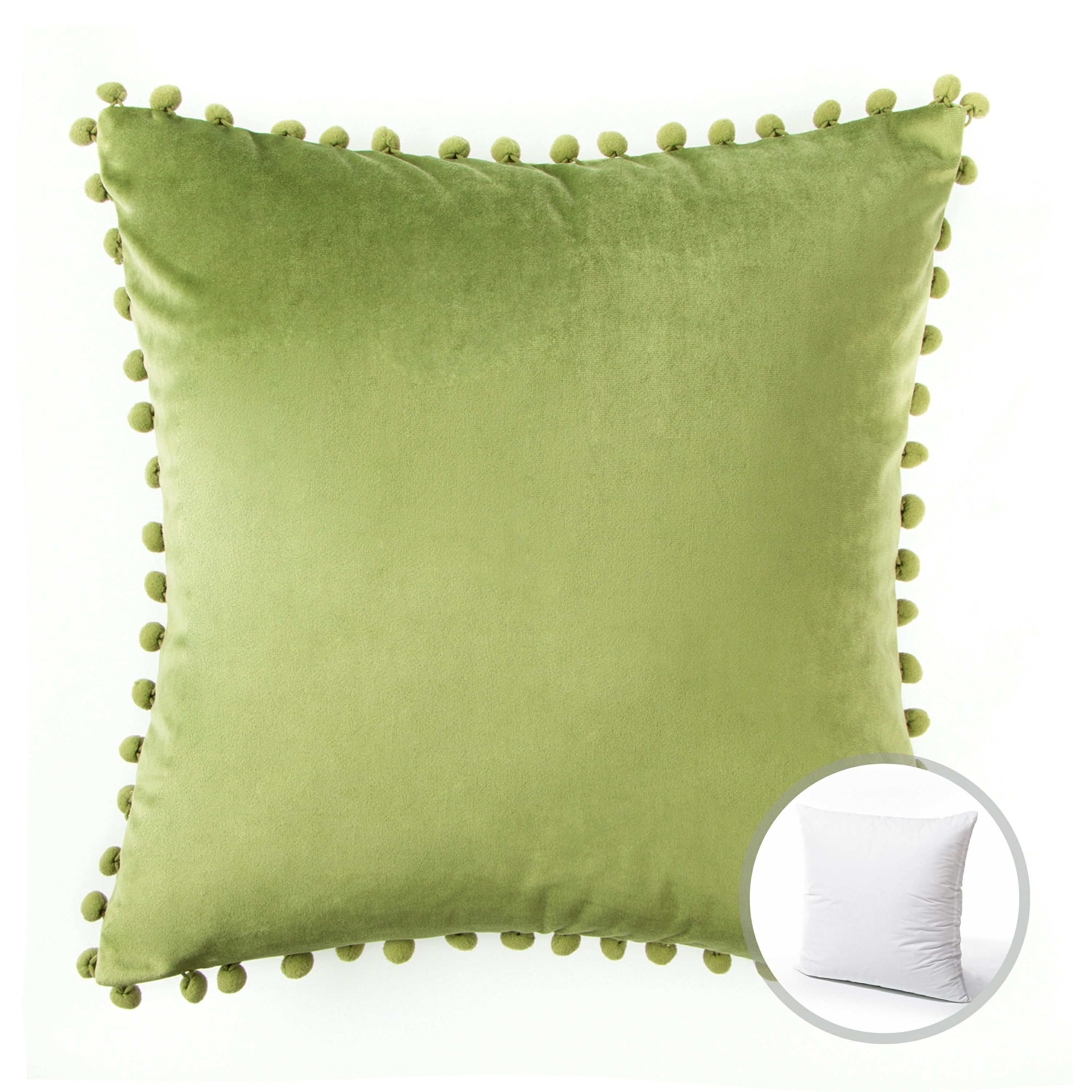Phantoscope Christmas holiday Decorative Throw Pillow with insert, Pom Pom Velvet Series, 22" x 22", Green, 1 Pack