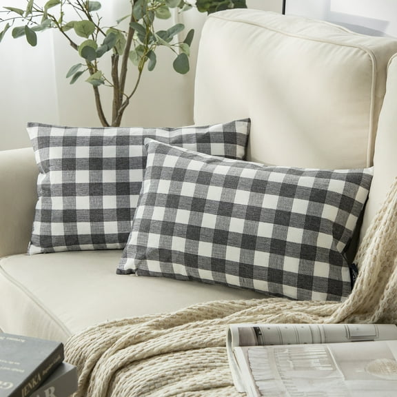 Checkers Series Square Decorative Throw Pillow Covers, Classic Retro Plaids, 12"x20", Gray/White, Set of 2