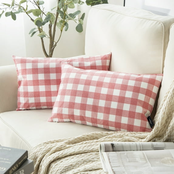Phantoscope Classic Checkers Series Retro Plaids Square Decorative Throw Pillow with Insert, 12"x20", Pink/White, 2 Pack