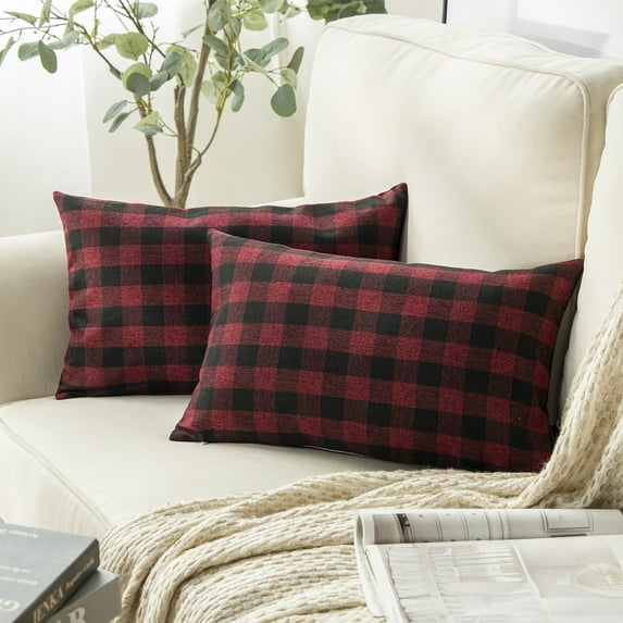 Checkers Series Square Decorative Throw Pillow Covers, Classic Retro Plaids, 12"x20", Red/Black, Set of 2