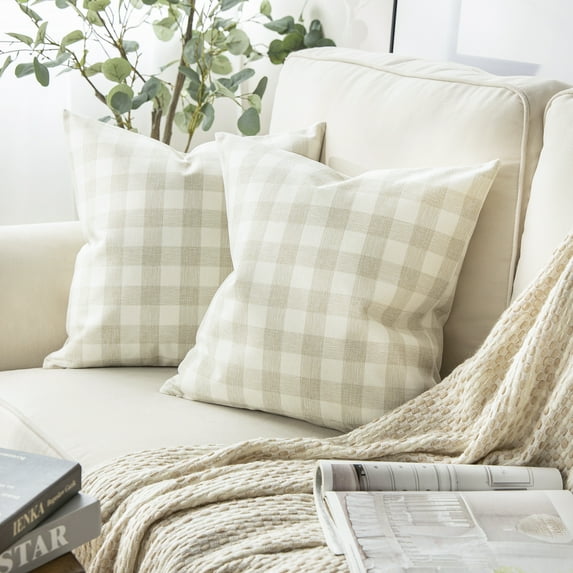 Phantoscope Classic Checkers Series Retro Plaids Square Decorative Throw Pillow with Insert, 18"x18", Off White, 2 Pack