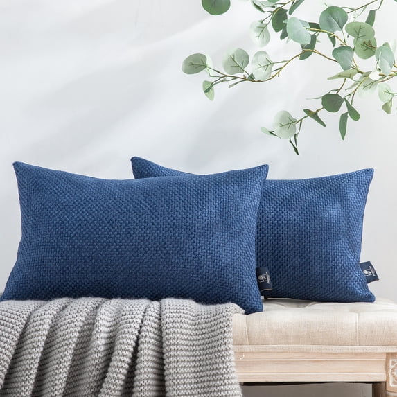 Phantoscope Classic Woven Textured Thick Solid Color Checker Plaid Series Decorative Throw Pillow, 12" x 20", Blue, 2 Pack