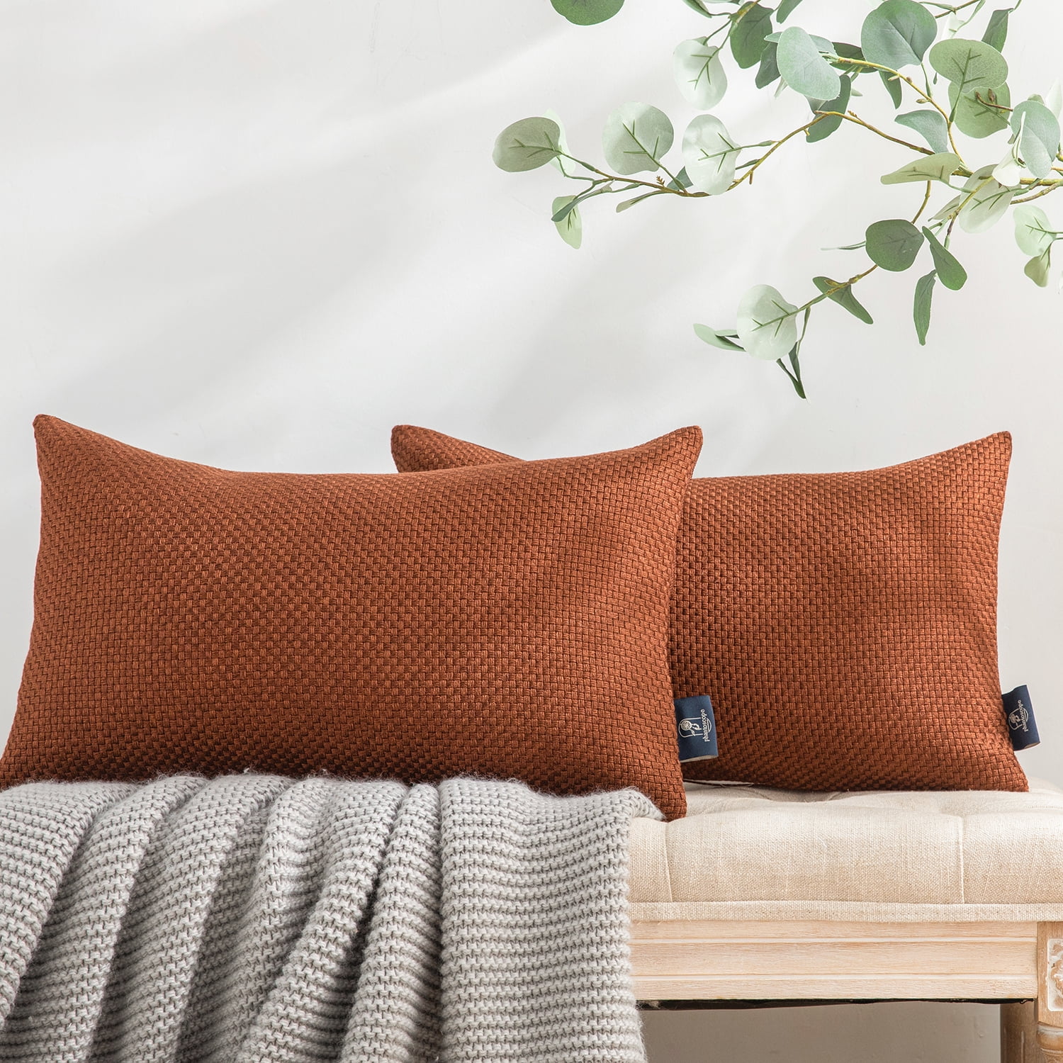 Brown Woven Textured Decorative Throw Pillow Set, 12" x 20"