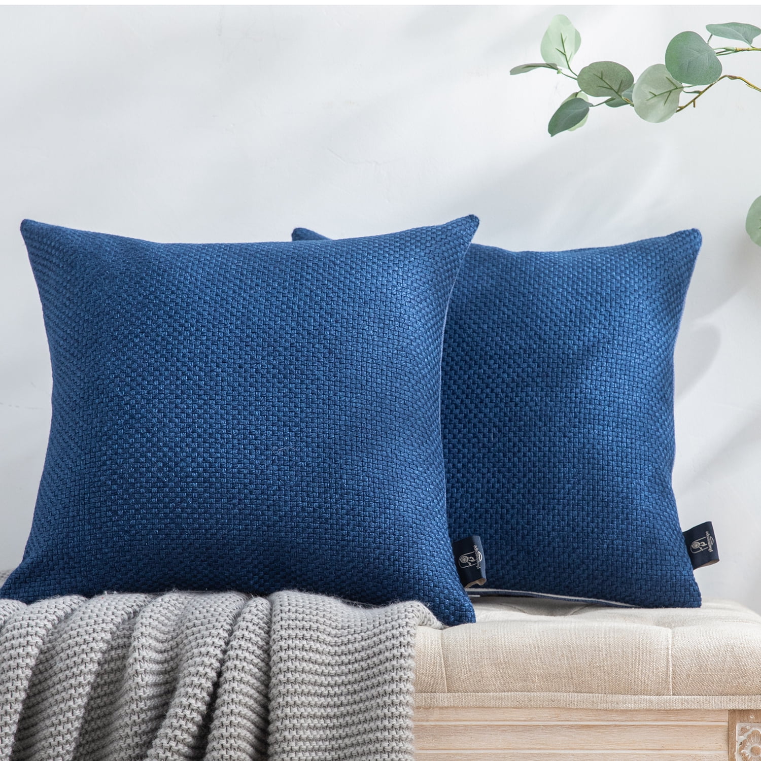 Phantoscope Classic Woven Textured Thick Solid Color Checker Plaid Series Decorative Throw Pillow, 22" x 22", Blue, 2 Pack