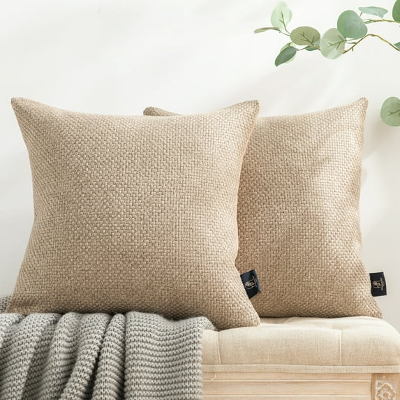 Phantoscope Classic Woven Textured Thick Solid Color Checker Plaid Series Decorative Throw Pillow, 22" x 22", Light Coffee, 2 Pack