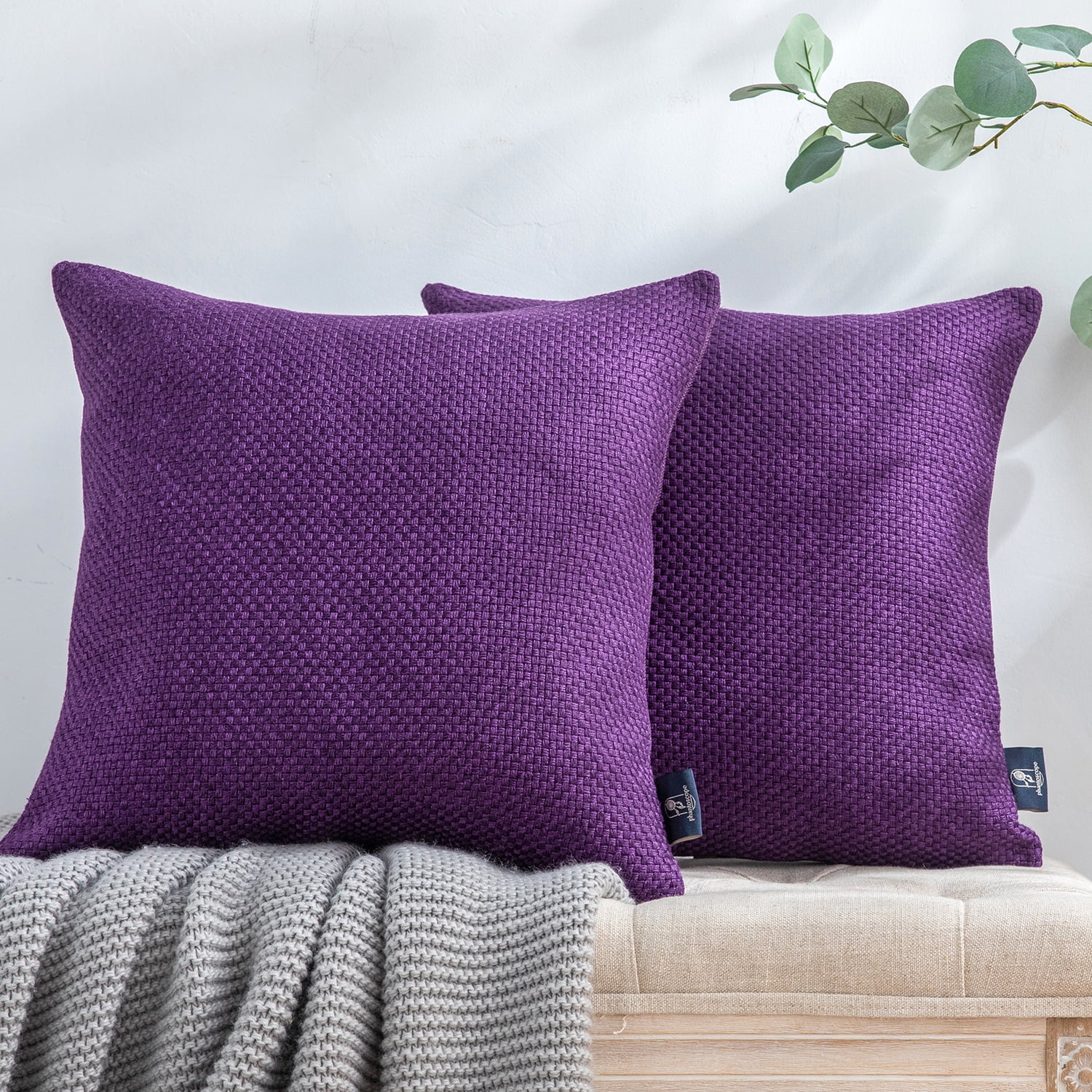 Phantoscope Classic Woven Textured Thick Solid Color Checker Plaid Series Decorative Throw Pillow, 22" x 22", Purple, 2 Pack