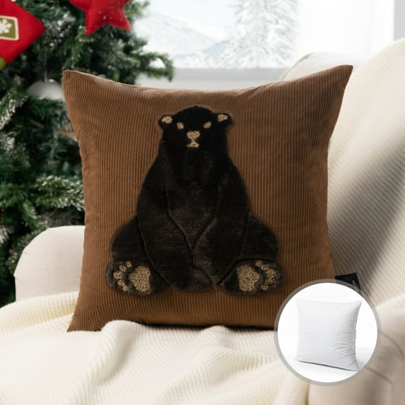 Phantoscope Corduroy Velvet Decorative Pillow, Brown Bear Patched Winter Series, 18" x 18", Brown, Pack of 1