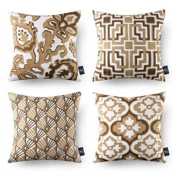 Phantoscope Cotton Embroidery Series Decorative Throw Pillow Cover, 18" x 18", Brown, 4 Pack