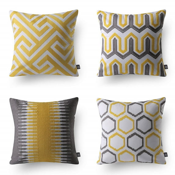 Phantoscope Cotton Embroidery Series Decorative Throw Pillow Cover, 18" x 18", Yellow/Gray, 4 Pack