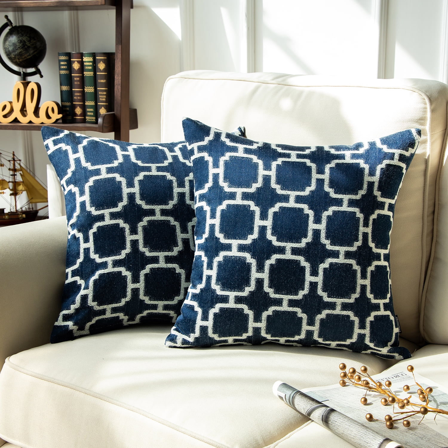 Phantoscope Cotton Jacquard Geometric Series Decorative Throw Pillow, 18" x 18", Navy Blue Diamond, 2 Pack