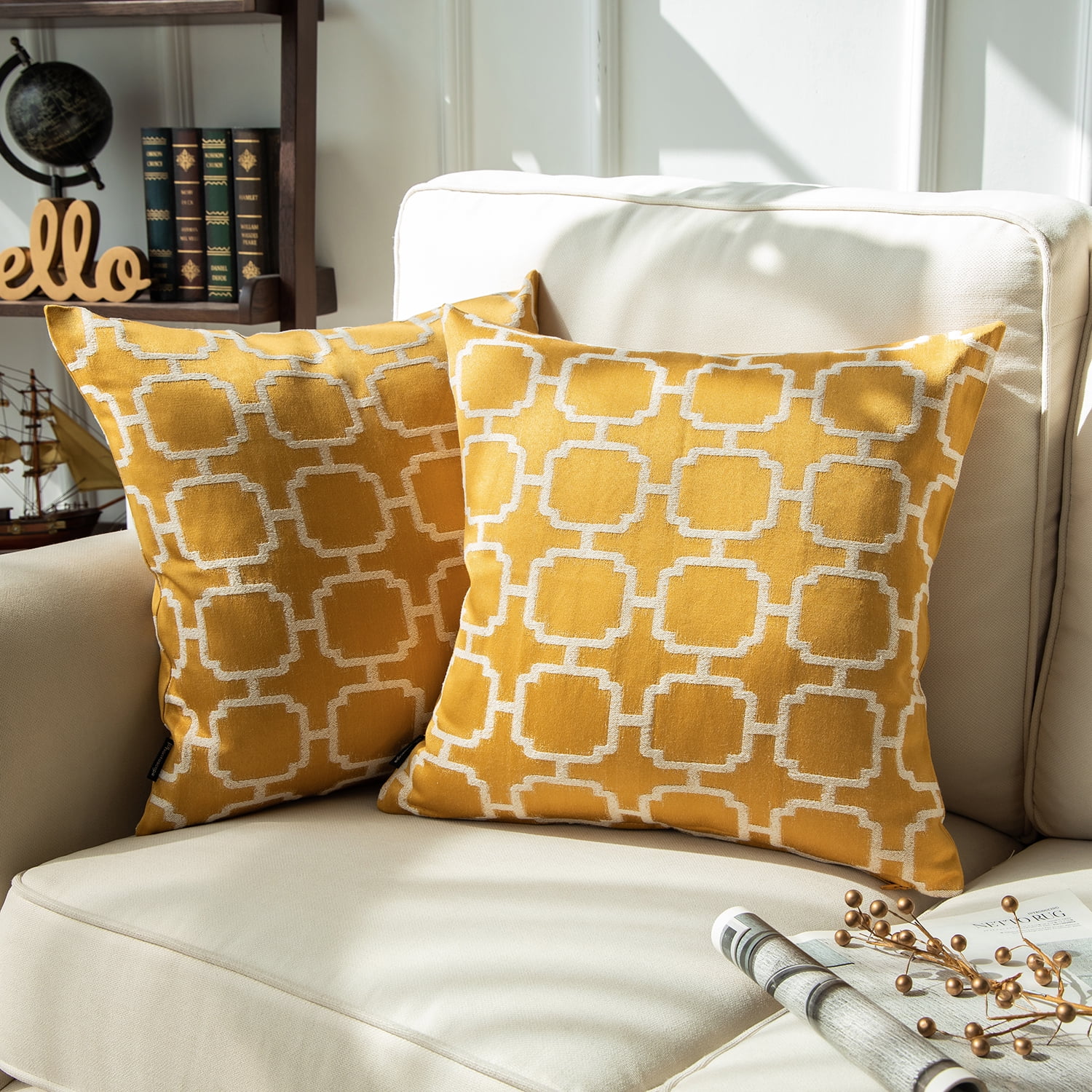 Phantoscope Cotton Jacquard Geometric Series Decorative Throw Pillow, 18" x 18", Yellow Diamond, 2 Pack