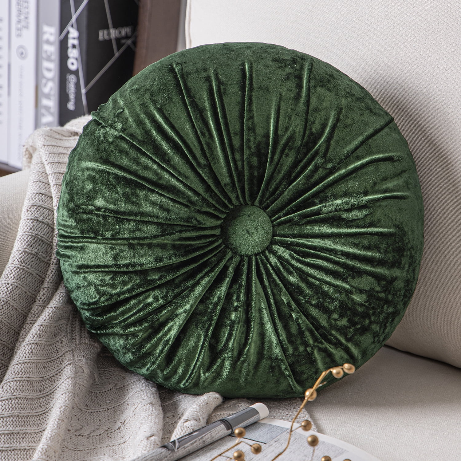 Phantoscope Crushed Velvet Pleated Round Pumpkin Floor Pillow Series Decorative Throw Pillow, 16" x 16" Round, Dark Green, 1 Pack