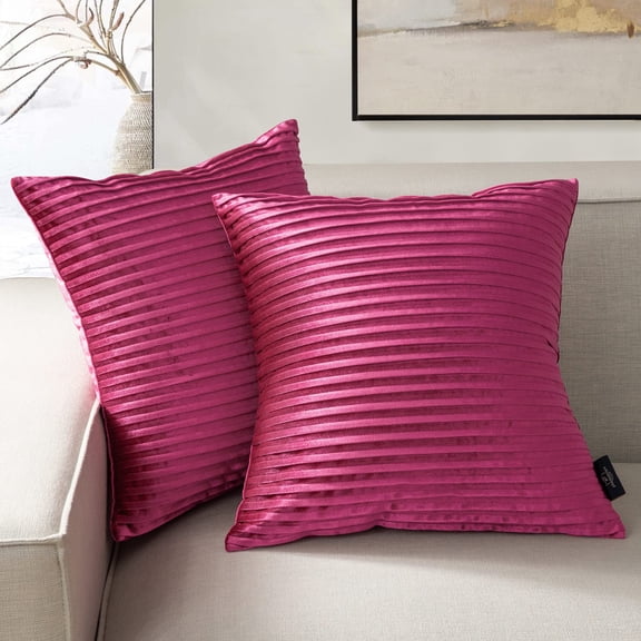 Phantoscope Crushed Velvet Pleated Throw Pillows, Soft Decorative Accent Pillows, Hot Pink, 18 x 18 in, Set of 2