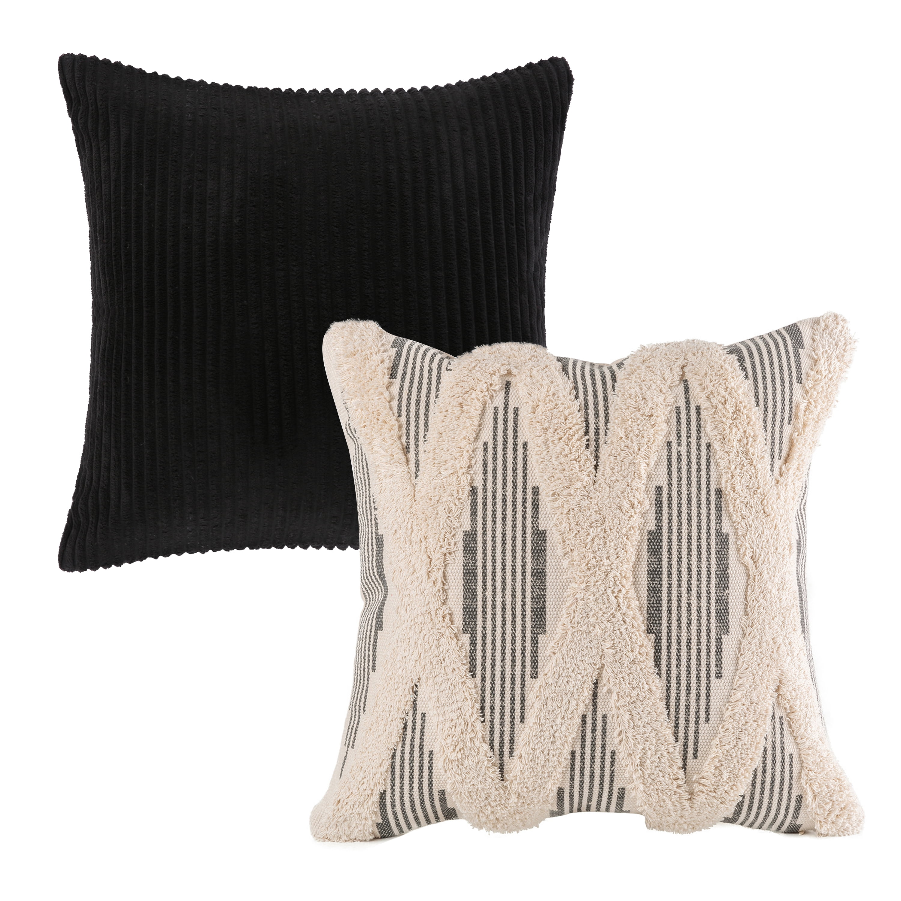 Decorative Throw Pillows Set of 4, Soft Corduroy Striped Velvet & Boho Woven Tufted Series Cushion Bundles, for Sofa Couch Bedroom, Black & Beige with