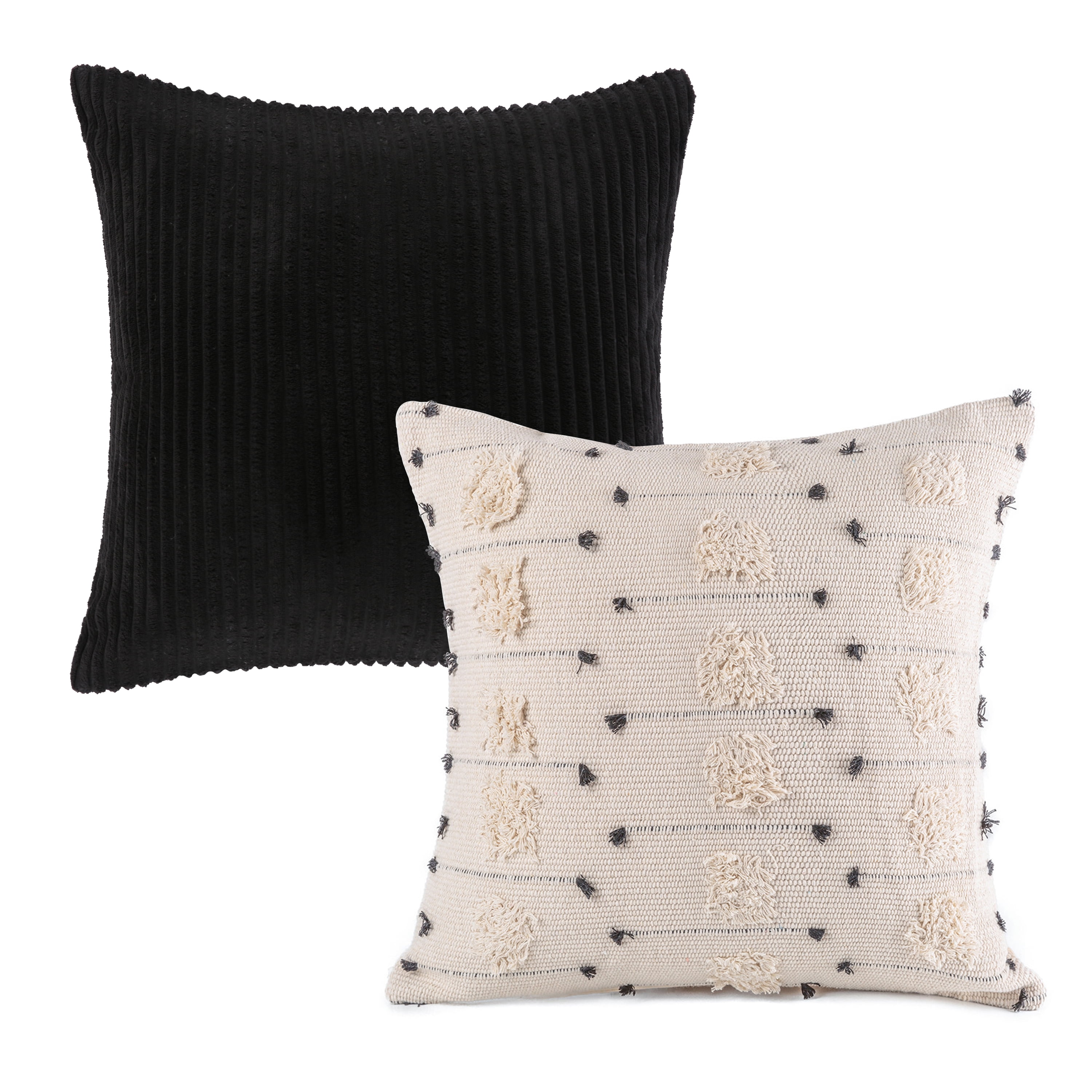 Phantoscope Decorative Throw Pillow Set, Soft Corduroy Striped Velvet & Boho Woven Tufted Series Cushion Bundles, for Sofa Couch Bedroom, Black & Beige with Black Dot, 18" x 18"