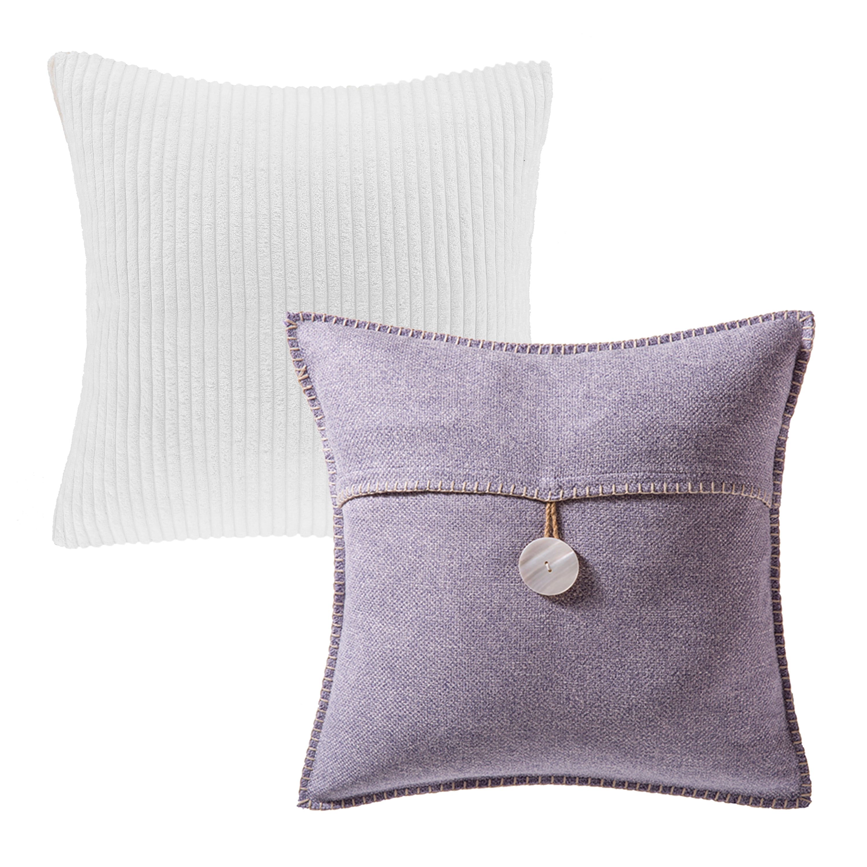 Phantoscope Single Button Series Cotton Blend Farmhouse Square Decorative Throw  Pillow Cusion for Couch, 18 x 18, Light Purple, 2 Pack 